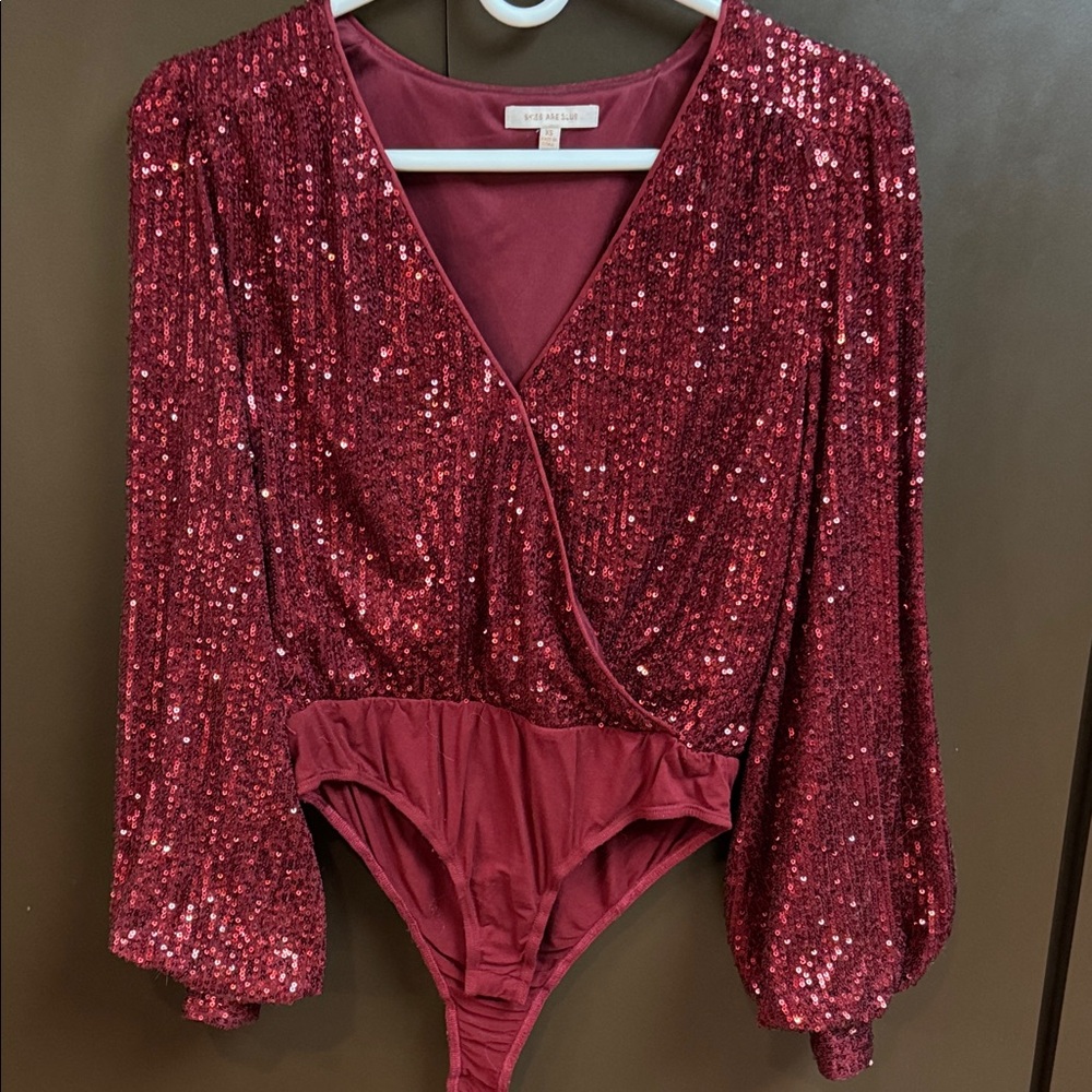 Skies Are Blue Burgundy Sequin Bodysuit. XS